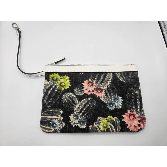 Jessica Simpson Rio Cactus Canvas Wallet Key Holder Clutch Black Green Pink - Picture 3 of 6